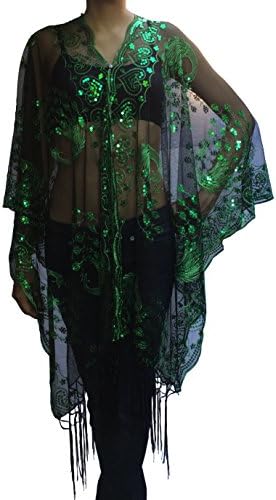 Embroidery Scarf, Caftan Dress Tops Tunic,Iridescent Green-black Fringe