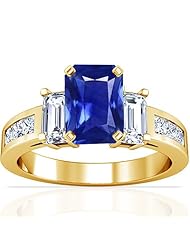 18K Yellow Gold Emerald Cut Blue Sapphire Ring With Sidestones