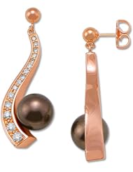 Chocolate Tahitian Pearl Earrings with Diamonds in 14K Rose Gold (9-10mm)