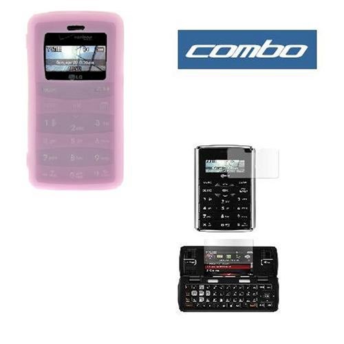 Durable Flexible Soft Pink Silicone Skin Case + Premium Reusable LCD (Outer & Inner Screen) Protector with Lint Cleaning Cloth For Verizon LG VX9100 ENV2 Cell phone