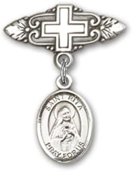 Sterling Silver Baby Badge with St. Rita of Cascia Charm and Badge Pin with Cross