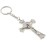 White Enameled St. Benedict Cross Keychain - 3'' Crucifix, 5'' Overall - 29'' Lanyard Included