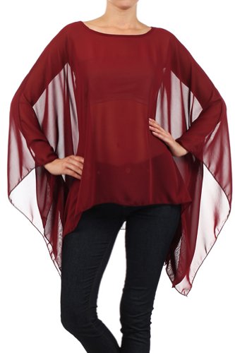 Modern Kiwi Solid Sheer Chiffon Caftan Poncho Tunic Top Burgundy One Size