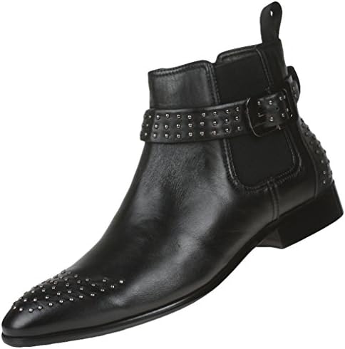 FARYM Men's Cowhide Pointed Toe Stud Pull On High Shoes Ankle Boots Black 43 EU