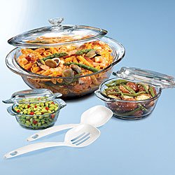 Anchor Hocking 3 Piece Casserole Glass Bakeware Set with Bonus 2 Piece Kitchen Tool Set