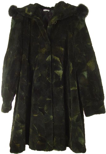 2089 Women's Size 18 or 14W Multi Color New Real Sheared Canadian Coyote Fur Knee Length Winter Over Coat Fixed Hood Collar Fox Trim Band Cuff Hook Clasp Front Closure Polyester Lining Inside Pocket Slash Outside Pocket