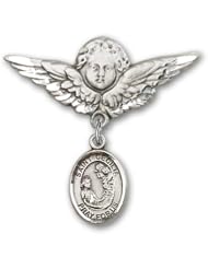 Sterling Silver Baby Badge with St. Cecilia Charm and Angel with Wings Badge Pin