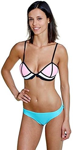 Decently Women's Sexy Swim Mesh Color Block Neoprene Fashion Bikini Pink Top/Neon Mint Bottoms Small