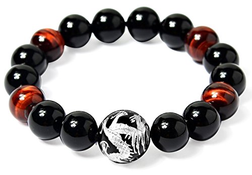 Areke 12mm Mens Tiger Eye Agate Bracelet Unisex Dragon King Pattern Beaded Stretch Bracelets