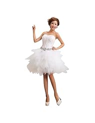 Strapless Feathers Crystals Lace-Up  Crystal Short Tulle Wedding Dress  With Ruffles