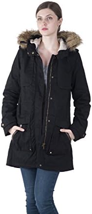 INFRON Women Black Winter Outwear Faux Fur Lined Hooded Drawstring Zipper Parka