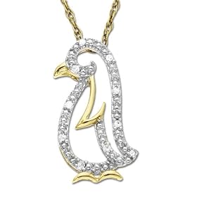14k Yellow Gold Diamond Penguin Pendant (.03 cttw, I-J Color, I2-I3 Clarity), 18"