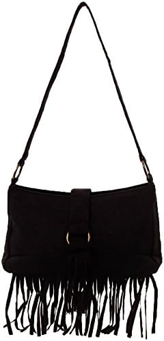 JC Fashion Fringe Detail Faux Suede Handbag-Black