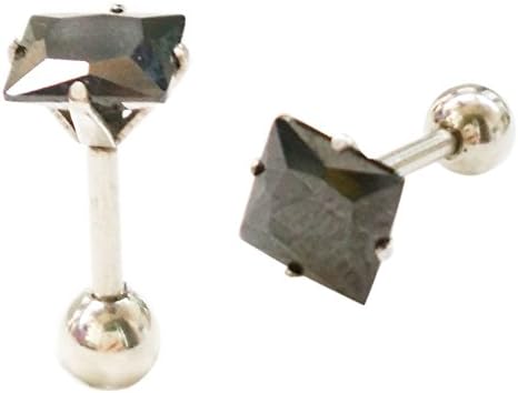 Pair of 16g Stainless Steel Pin 6mm Square Cubic Zirconia Helix Cartilage Tragus Ear Lobe Barbell Stud Earrings (7mm Square Black)