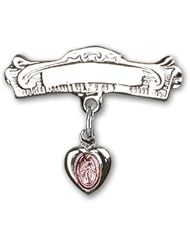 Sterling Silver Baby Badge with Pink Miraculous Charm and Arched Polished Badge Pin