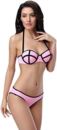 Women Neoprene Triangle Neon Push Up Tank Bathing Suit Bikini, Pink M