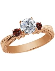 1.24 Ct Round H/I Diamond Red Garnet 18K Rose Gold 3-Stone Ring