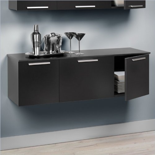 Wall Mounted Buffet with Brushed Nickel Handles in Black Finish