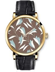 SPRAWL Aanalog Fashion Series Gold Ladies Watches of Genuine Black Leather Strap,Unique Wrist Watch for Women Girls Designed with Petals on coffee background