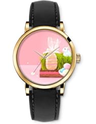 SPRAWL Aanalog Fashion Series Gold Ladies Watches of Genuine Black Leather Strap,Unique Wrist Watch for Women Girls Designed with Rabbit and bag of candy in the grass