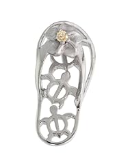 Sterling Silver Hawaiian Plumeria w/ Honu Sea Turtles Flip Flop Slippers Pendant, w/ Brilliant Cut Citrine-colored CZ Stone, 1 inch (25 mm) tall