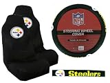 A Set of 2 Universal-Fit NFL Front Bucket Seat Covers and Comfort Grip Steering Wheel Cover - Pittsburgh Steelers