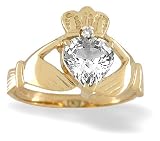 14K Yellow Gold Genuine Heart White Topaz and Diamond Celtic Claddagh Ring