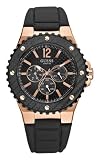 Guess Gents Rose Gold Multi Function Dial Watch With Black Silicone Strap