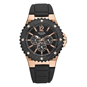 Guess Gents 'Overdrive' chronograph watch rose gold plated case black dial & strap