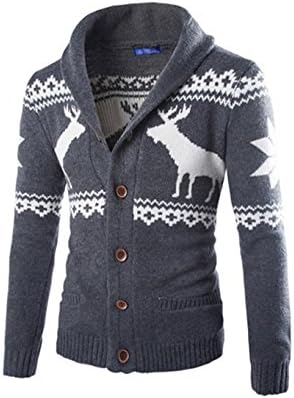 Men's Cotton Christmas Sweater Elk Cardigan Sweater With Shawl Collar Grey(M, Grey)