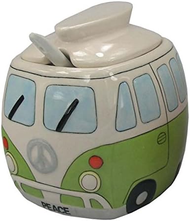 Ceramic Camper Sugar Dispenser Split Screen Camper Van Sugar Bowl with Lid &amp; Spoon Green Color