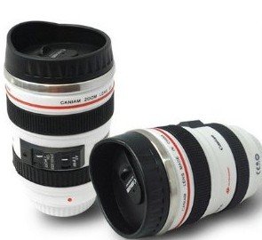 Camera Style Coffee Mug / Cup / Thermos with Drinking Lid &amp; Quality Stainless Steel Interior-24-105mm -White