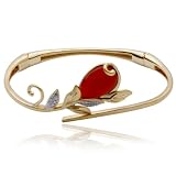 18k Yellow Gold Plated Sterling Silver Red Agate and Diamond Accent Flower Design Bangle Bracelet