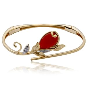 18k Yellow Gold Plated Sterling Silver Red Agate and Diamond-Accent Flower... by