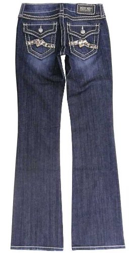 Miss Me Jeans JD1047B DK 87 Long 28 (4/6) Boot cut, dark wash, thick tan stitching, purple and gold sequins wave, button-flap pockets