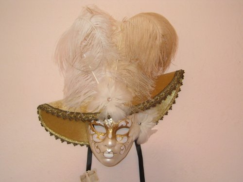 Venetian Art Deco Wall Mask with Gold Hat and White and Tan Feathers