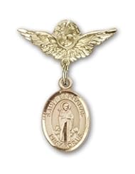 14K Gold Baby Badge with St. Barnabas Charm and Angel with Wings Badge Pin
