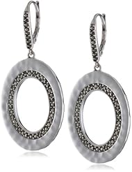 Judith Jack "Silver Halo" Sterling Silver and Marcasite Hammered Oval Drop Earrings