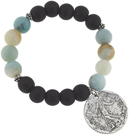 Womens Blue and Black Bead Stretch Bracelet with 2 French Francs Coin Charm.