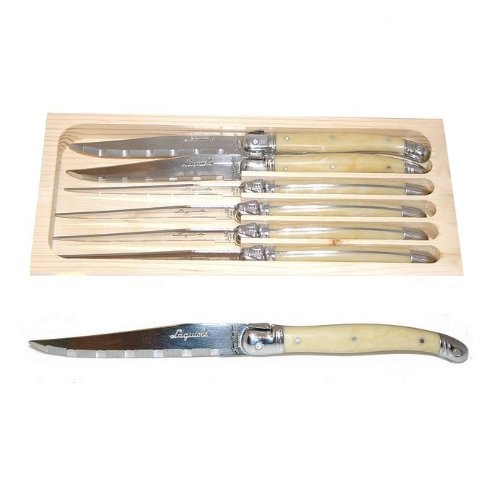 Authentic LAGUIOLE - 6 STEAK KNIVES set - HORN color - SERRATED blade - in 15/10 stainless steel (original genuine French quality Jean Dubost family white colour table flatware/cutlery setting for 6 people - with CERTIFICATE of AUTHENTICITY - dishwasher safe! - delivered in a wooden box - gift wrap available - direct from FRANCE)