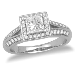 14k White Gold Split-Bale Princess-Cut Diamond Engagement Ring with Pave Diamond (1/3 ct Center .64 cttw, G-H Color, I1 Clarity), Size 7