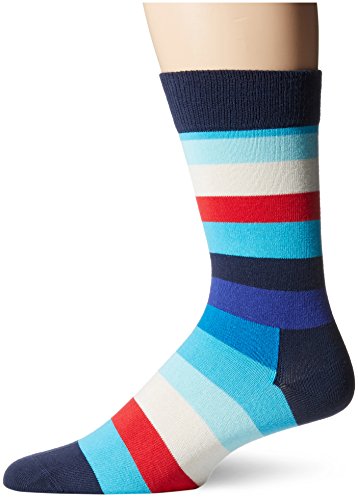 Happy Socks Men's Unisex Combed Cotton Crew - Blue Red Stripe, Blue/Red/White, 10-13 (Pack of 1)