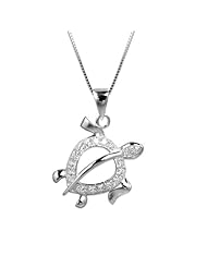 Silver Turtle Necklace Pendant with CZ stones and Chain