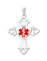 Sterling Silver Cross Medical ID Charm or Pendant W/ Red Enamel 1 inch x 1-1/2 inch