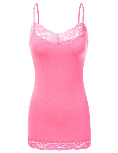 JJ Perfection Women's Adjustable Spaghetti Strap Lace Trim Cami Tunic Tank Top NEONPINK M