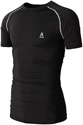 AERIES Men's Skin Tight Short Sleeve Shirts Crew Neck Compression Base Layer BLACK US S/Asia L (KMTTS0291)
