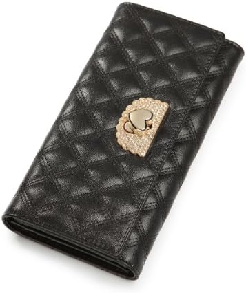 Nucelle Embroidery Thread Style with Rhinestone Trifold Heart Lock Women's Leather Long Design Clutch Wallet (Black)