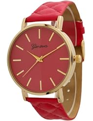 Womens Large Gold Trim Geneva Quilted Leather Watch - Red