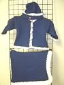 Ck695nwbk, . Knitted on Hand Knitting Machine Then Finished By Hand Crochet Infant Boys Outfit, Containing Baby Navy Cotton Crocheted White Chenille Trim Cardigan Sweater, Hat Set with Matching Blanket.