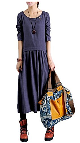 Eleganlife Women's Long Sleeve Retro Cotton Linen Irregular Long Maxi Dress